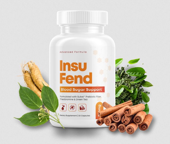 Supplement bottle labeled 'Insu Fend' with natural elements on a light gray background